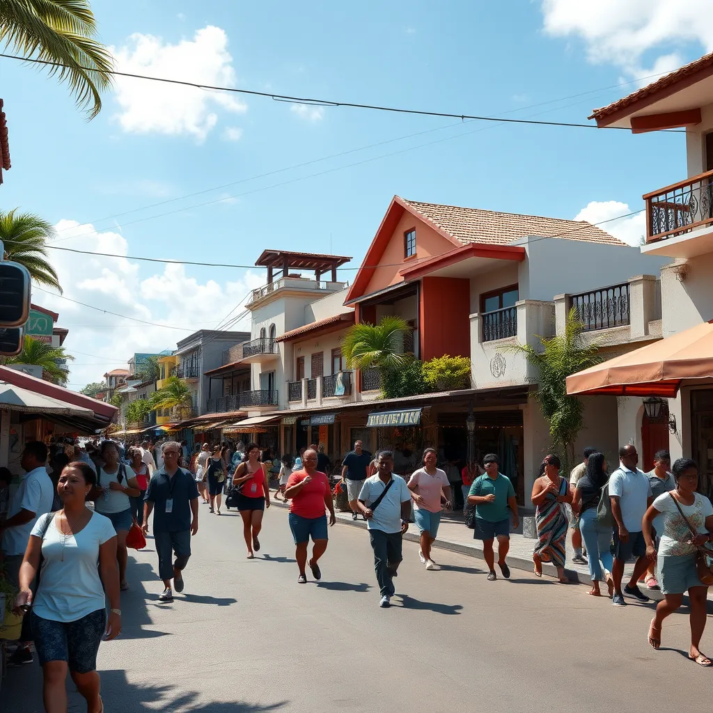 A photorealistic image of a bustling street scene in Dominical, showcasing a mix of modern and traditional architecture. The image should feature a diverse group of people enjoying the vibrant atmosphere of the town, including locals and tourists. The image should convey a sense of community and progress.