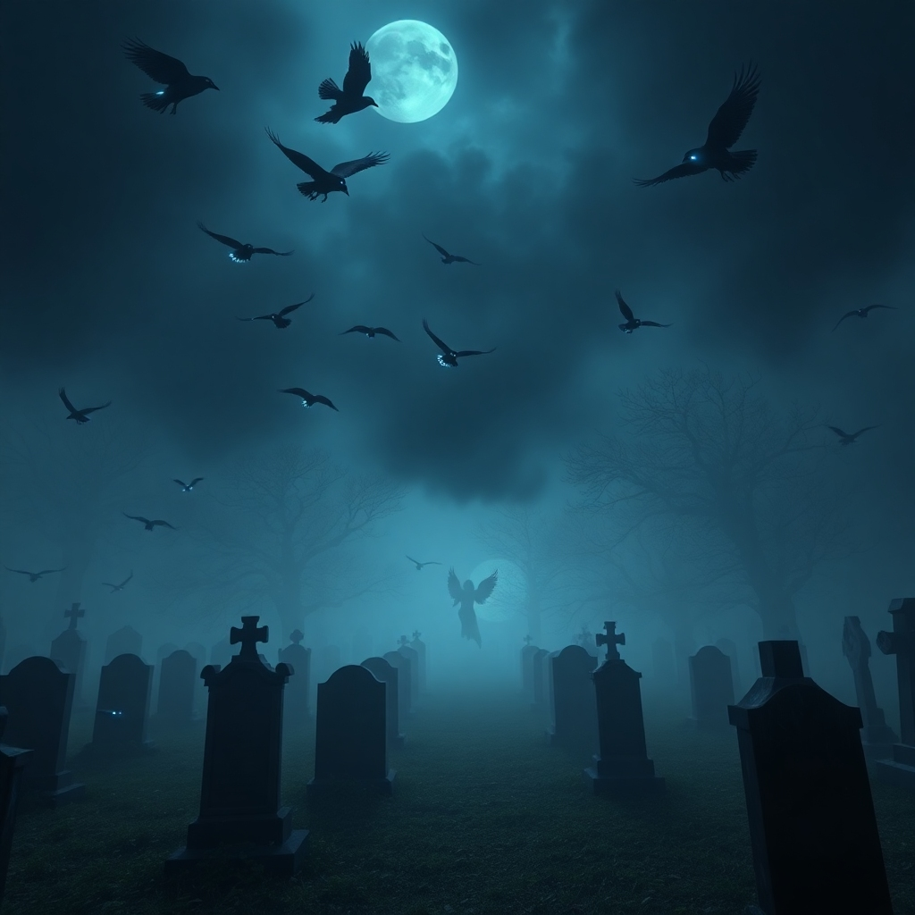 A photorealistic image of a deserted, fog-filled graveyard at night. Spectral crows circle overhead, their eyes glowing an eerie blue.  A faint, ethereal figure can be seen flitting between the tombstones. High detail, 8k resolution, atmospheric lighting