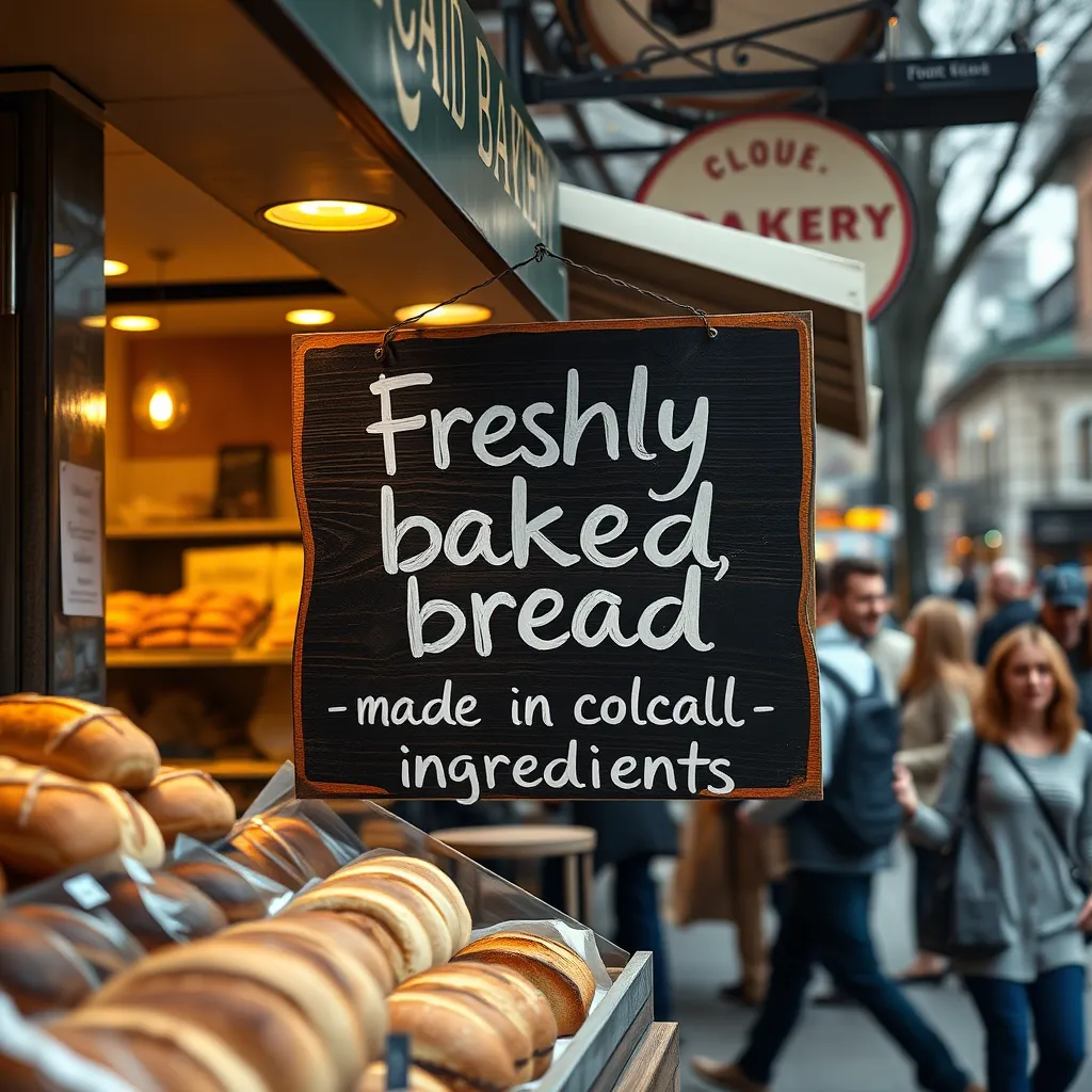 A photorealistic image of a local bakery showcasing its baked goods with a handwritten sign that says 'Freshly baked bread, made with local ingredients' in front of a busy street scene with people walking by. The image should have a warm and inviting atmosphere.