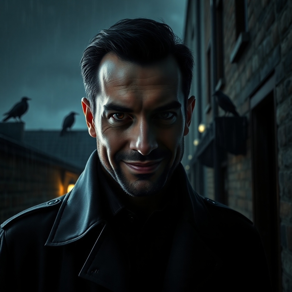 A photorealistic image of a man, Sergio Bedolla, with piercing eyes and a mysterious smile, standing in a dimly lit alleyway. Rain is falling, and crows are perched on rooftops in the background. He wears a dark trench coat, and his face is partially obscured by shadow.