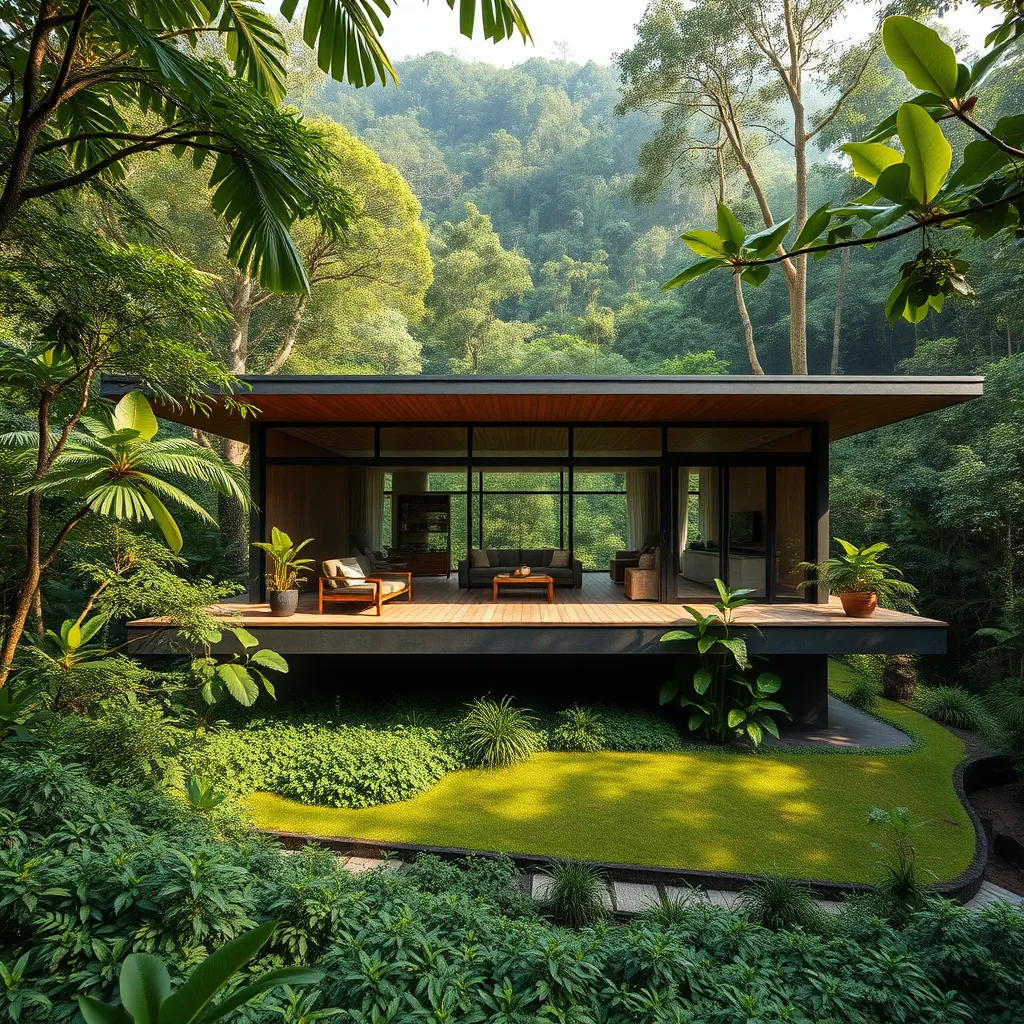A photorealistic image of a modern, sustainable home nestled in a lush rainforest setting in Dominical, Costa Rica. The house features large windows and open-air living spaces, showcasing the natural beauty of the surroundings. The image should convey a sense of harmony between nature and architecture, emphasizing the use of natural materials and sustainable building practices.