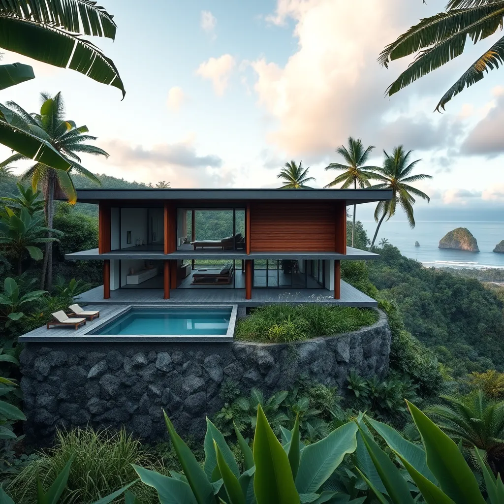 A photorealistic image of a modern, eco-friendly villa nestled amidst lush tropical greenery in Dominical, Costa Rica. The villa features large windows, wooden accents, and a swimming pool overlooking a panoramic view of the ocean and rainforest. The image should evoke a sense of tranquility and luxury.