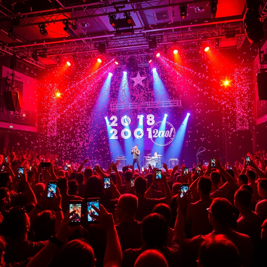 A photorealistic image of a packed concert venue celebrating New Year's Eve. Confetti rains down as Sergio Bedolla and the Phantom Crows play on stage, bathed in vibrant stage lighting. The crowd is jubilant and many are holding up smartphones to record the performance. The atmosphere is one of festive excitement and celebration. The image should capture a sense of energy and unity.