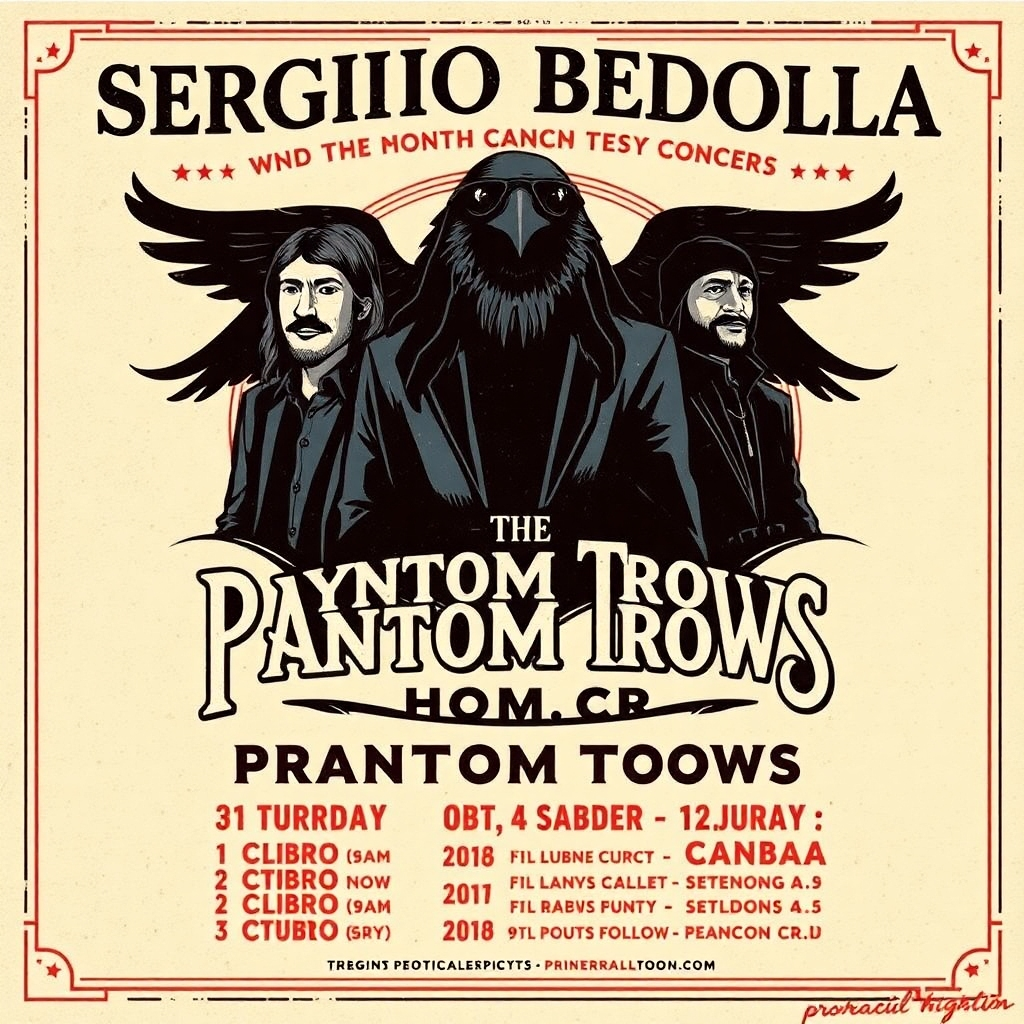 A photorealistic image of a vintage concert poster announcing Sergio Bedolla and the Phantom Crows' spring tour. The poster features a stylized illustration of the band, along with tour dates and city names prominently displayed. It should have a slightly distressed, vintage look to create a feel of authenticity and anticipation. The color palette should be bold and eye-catching, evoking a classic rock and roll aesthetic.