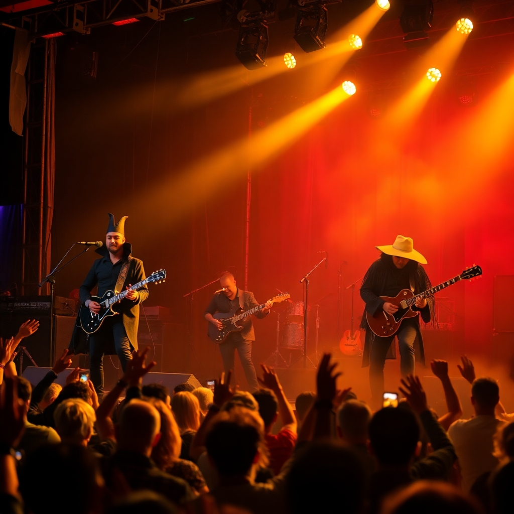 A photorealistic image of Sergio Bedolla and the Phantom Crows performing on stage at a Halloween concert. The stage is dimly lit with spooky decorations, and the band members are dressed in Halloween costumes. The crowd is enthusiastically enjoying the show, with many wearing costumes themselves. Focus on capturing the energy and excitement of the live performance.