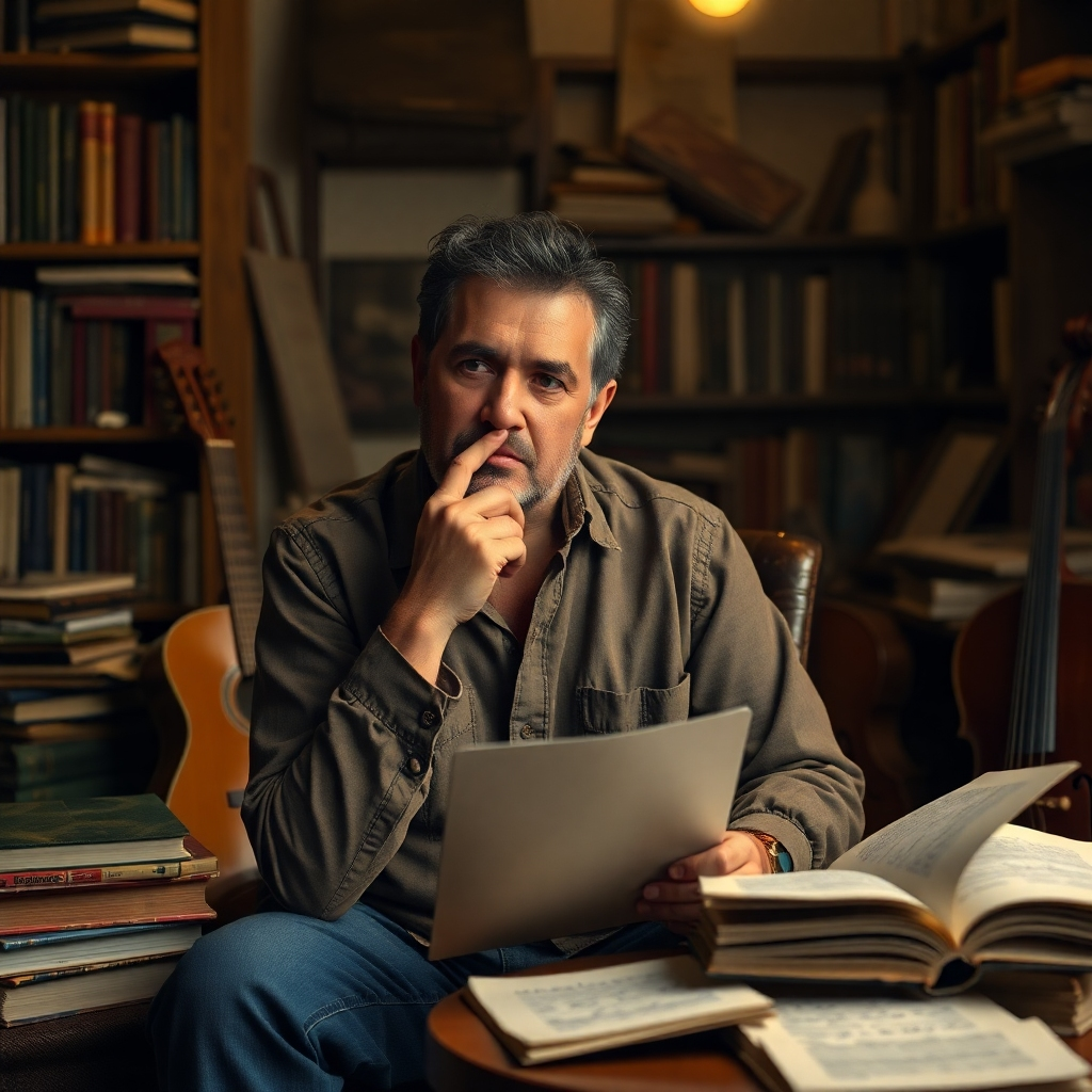 A photorealistic image of Sergio Bedolla sitting in a dimly lit room, perhaps a studio or library, thoughtfully looking into the camera.  He's surrounded by books, musical instruments, and handwritten notes. The image should convey a sense of creativity and deep contemplation, highlighting his role as a storyteller.