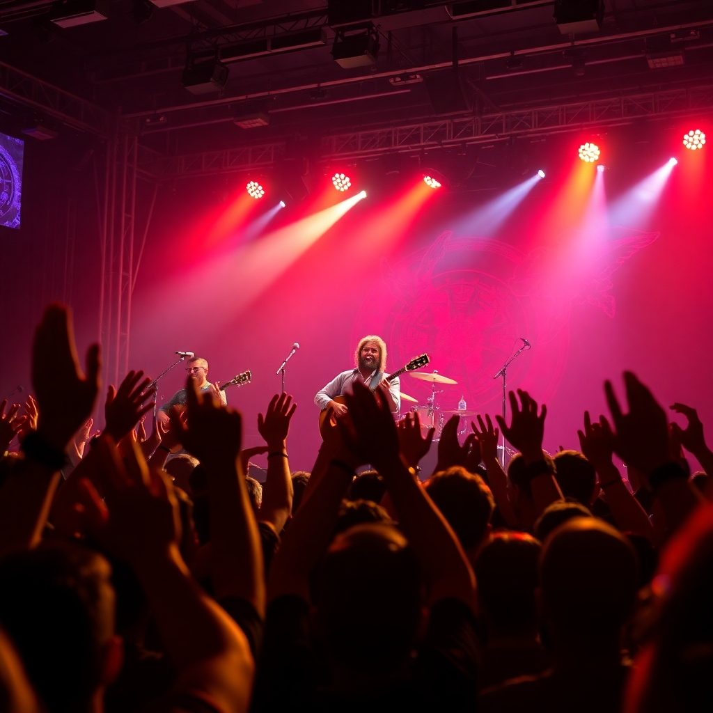 A photorealistic image of Sergio Bedolla and the Phantom Crows performing live on stage, bathed in vibrant stage lighting.  The crowd is ecstatic, hands raised, with a shallow depth of field focusing on the band. The image should capture the energy and excitement of a live concert, with visible sweat and dynamic movement.