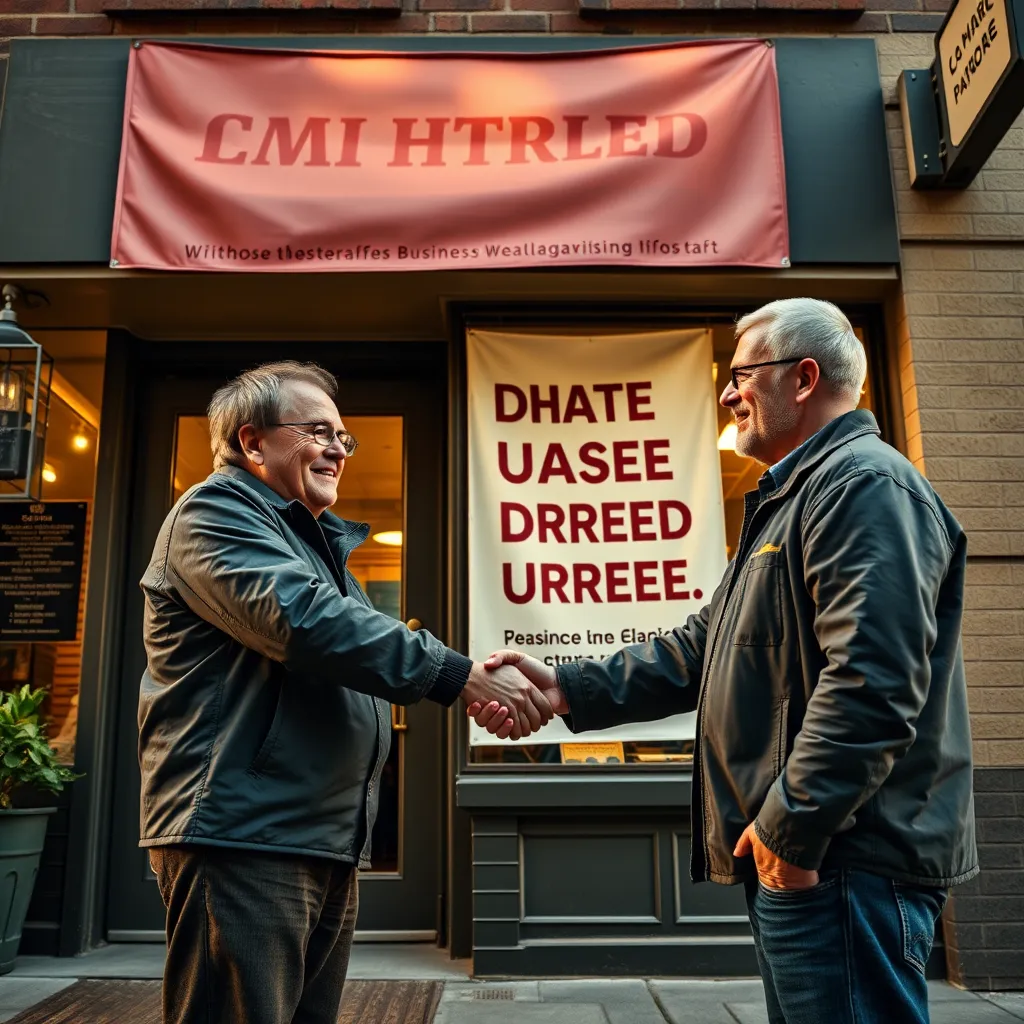 A photorealistic image of two local business owners shaking hands in front of their respective storefronts. One storefront has a banner promoting the other business, showcasing a collaborative partnership.