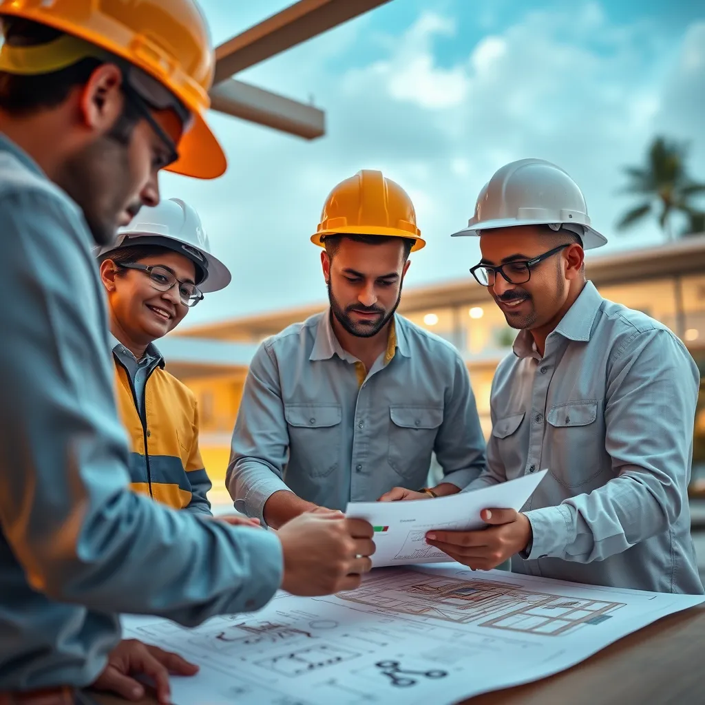 A photorealistic image showcasing a team of construction professionals collaborating on a detailed blueprint for a new commercial building in Dominical. The image should capture the collaborative spirit and attention to detail that drives our design process. The blueprint should depict a modern and functional design that incorporates local materials and sustainable features.