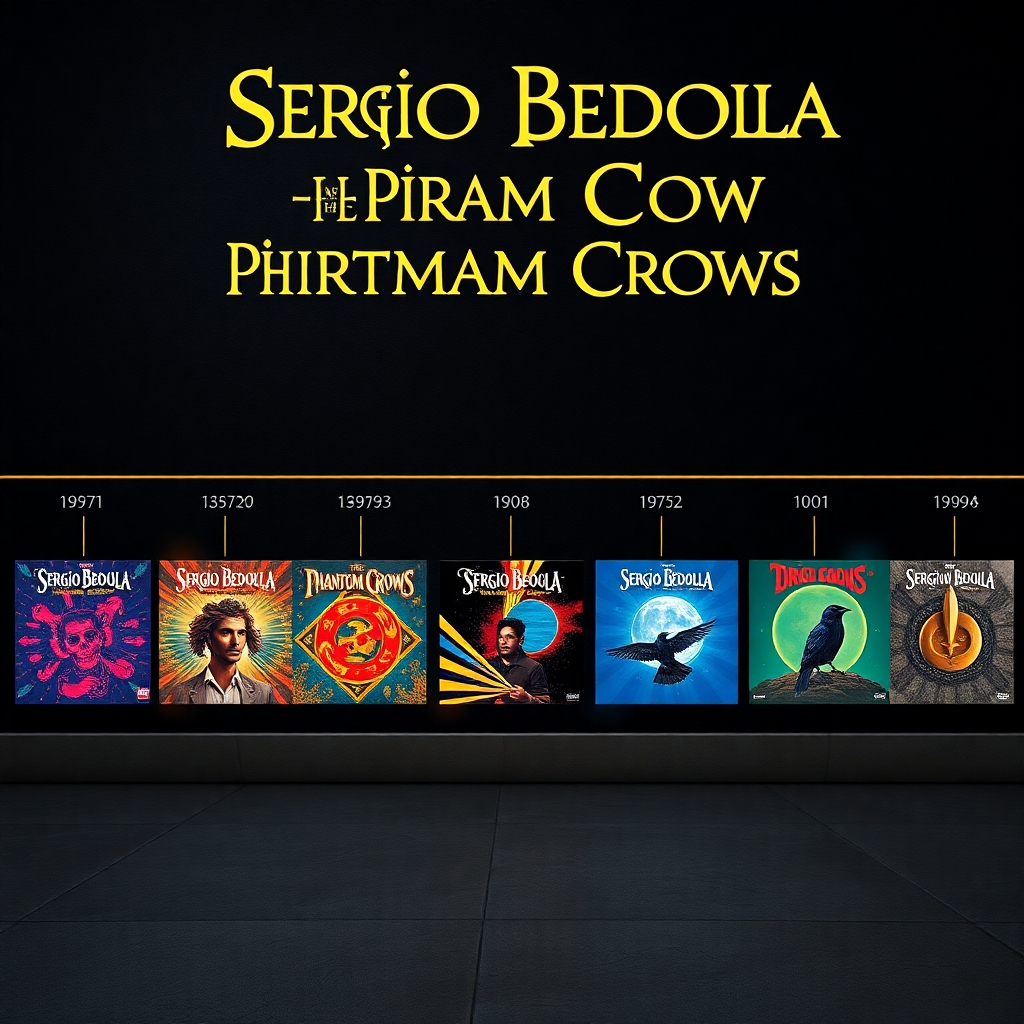 A photorealistic image showcasing a chronological progression of Sergio Bedolla and the Phantom Crows' album covers, arranged from oldest to newest. Each album cover should be distinct in style, reflecting the band's musical evolution, with vibrant colors and unique visual elements. The backdrop should be a dark, textured wall suggesting a timeline of musical history.