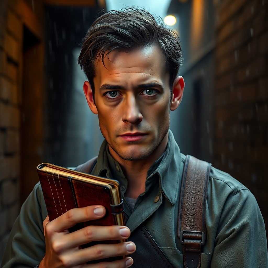A photorealistic portrait of a man, mid-30s, with weary eyes and a determined expression. He is dressed in simple, slightly worn clothing, holding a worn leather-bound journal. The background is a dimly lit alleyway, rain falling softly. High detail, 8k resolution, dramatic lighting