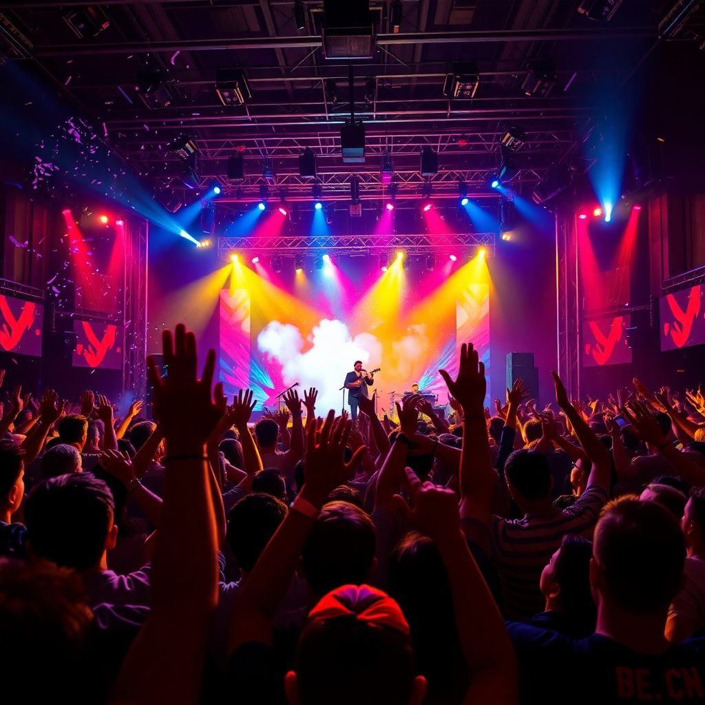 A photorealistic wide shot of a concert featuring Sergio Bedolla and the Phantom Crows. The stage is alive with vibrant lighting and the band’s energy. The audience is a sea of raised hands and ecstatic faces, singing along and completely immersed in the music. Confetti or stage smoke adds to the celebratory and lively atmosphere. Focus on the interaction and positive energy between the band and the audience.