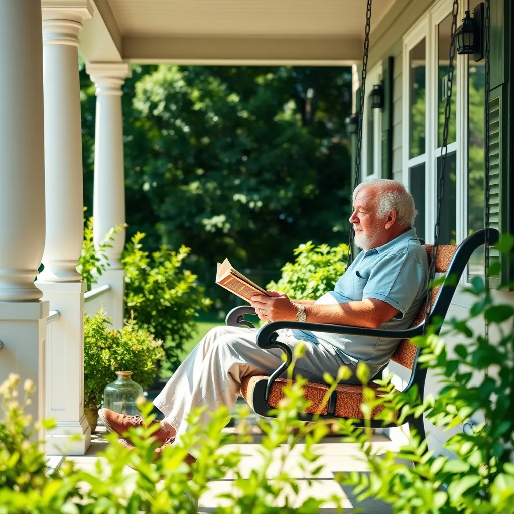 A senior man sitting on his porch swing in a comfortable, cozy setting, reading a book and enjoying a sunny day. The porch is surrounded by lush greenery, creating a relaxing and familiar atmosphere. The senior appears content and at ease, highlighting the comfort and independence of in-home care.