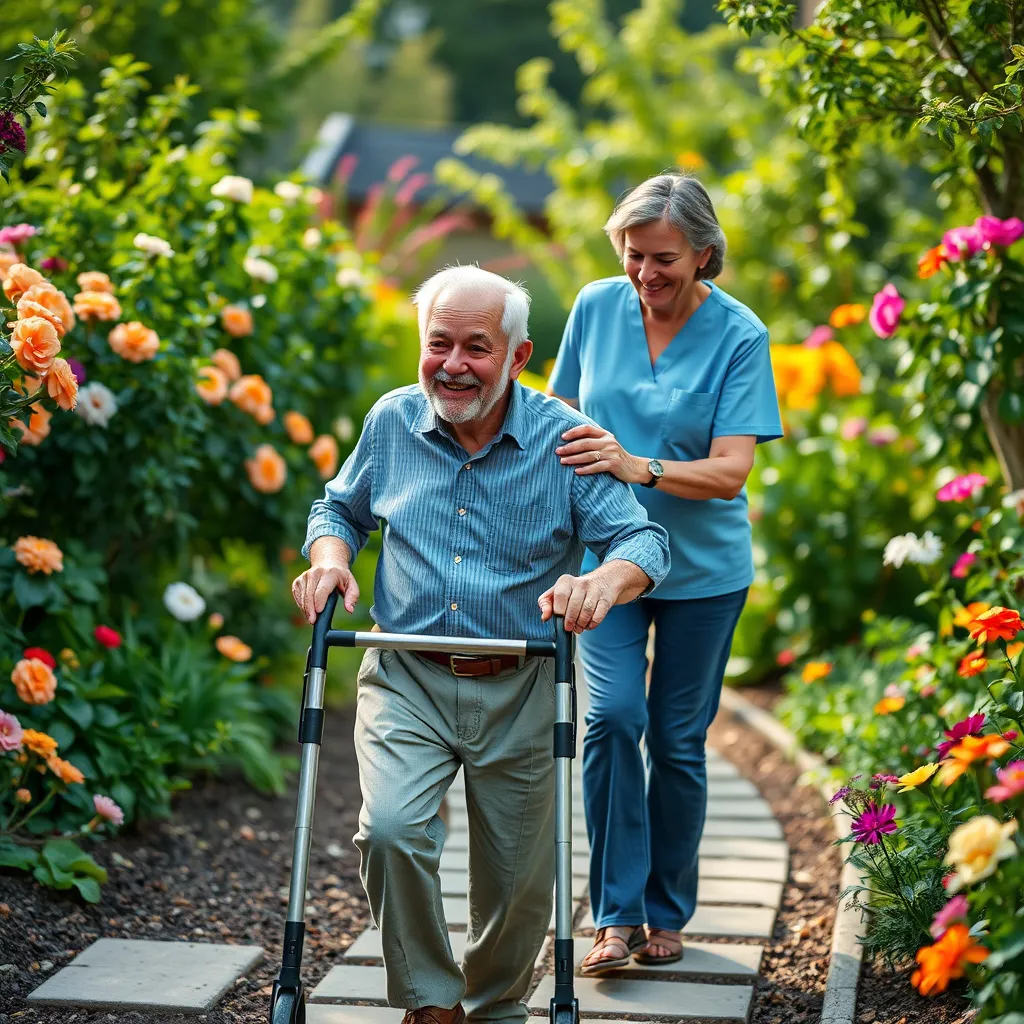 A senior man with a walker is walking through his garden with the help of a caregiver. The garden is lush and vibrant, with flowers blooming in various colors. The caregiver is smiling and providing support to the man, who is looking happy and content.