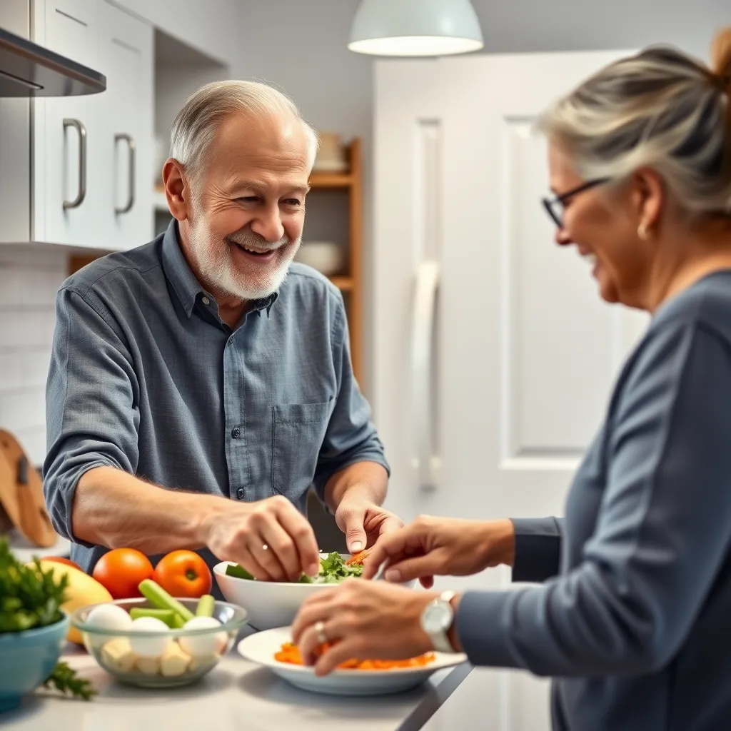 A senior man with a warm smile is preparing a meal in his kitchen, with a friendly caregiver assisting him by providing support and encouragement. The kitchen is clean and organized, with a well-stocked pantry and fresh ingredients on the counter. The image should depict a sense of self-sufficiency and joy in everyday activities.