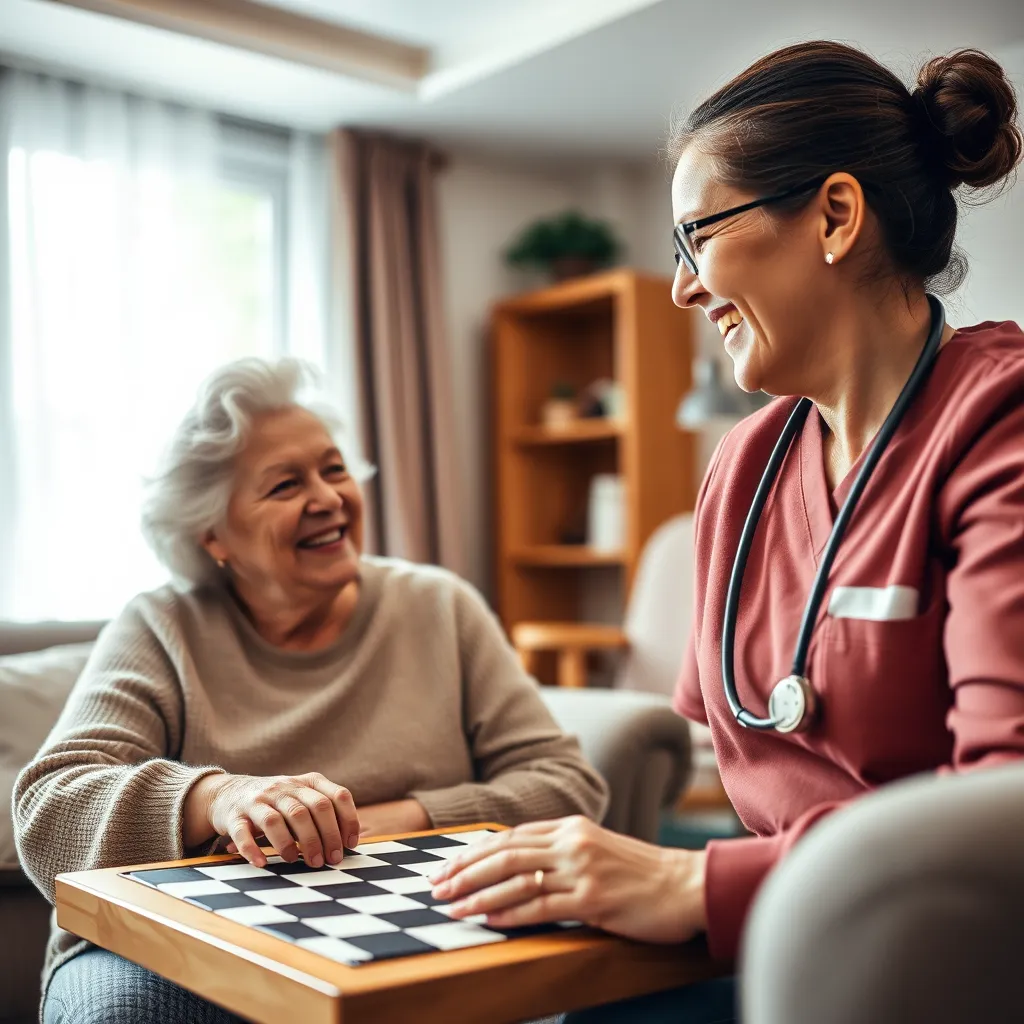 A senior woman is enjoying a game of checkers with a caregiver in a cozy living room. They are both smiling and laughing, creating a warm and intimate atmosphere. The image should highlight the genuine connection and emotional support provided by the caregiver.