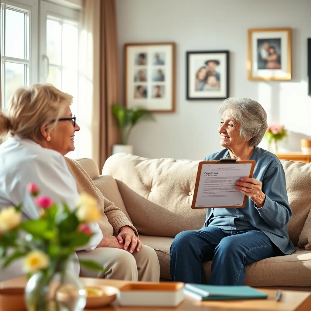 A smiling senior woman sitting on a couch in a living room, talking to a caregiver who is holding a clipboard with a personalized care plan. The room is bright and cozy with natural light streaming in through the windows. There are framed family photos on the walls and a vase of fresh flowers on the table.