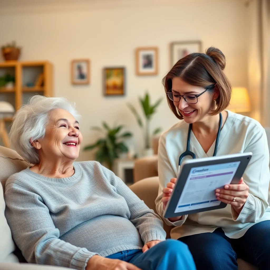 A smiling senior woman sitting in her living room, engaging in a conversation with a kind, attentive caregiver who is reviewing a personalized care plan on a tablet. The room is bright and welcoming, with comfortable furniture and personal touches like family photos on the wall. The image should convey a sense of trust and individualized attention.