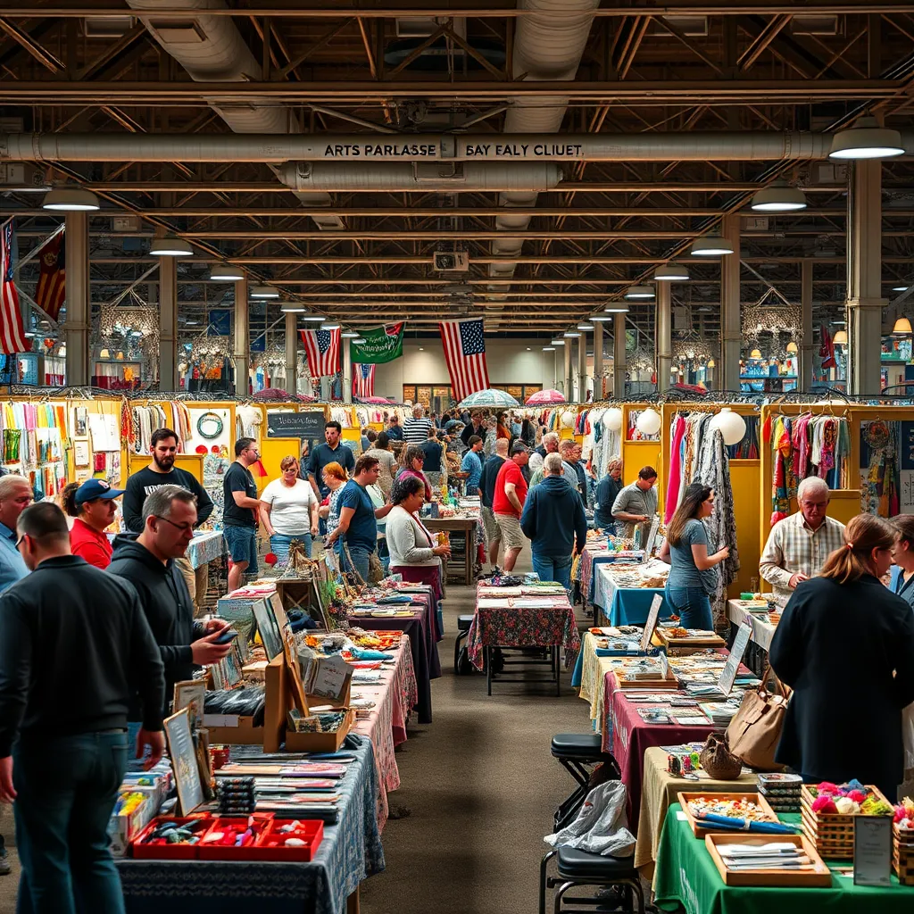 A vibrant, bustling arts and crafts event on the East Coast, with colorful tables filled with handmade goods, a lively atmosphere, and people browsing and buying. Focus on the tables and the lively atmosphere of the event.