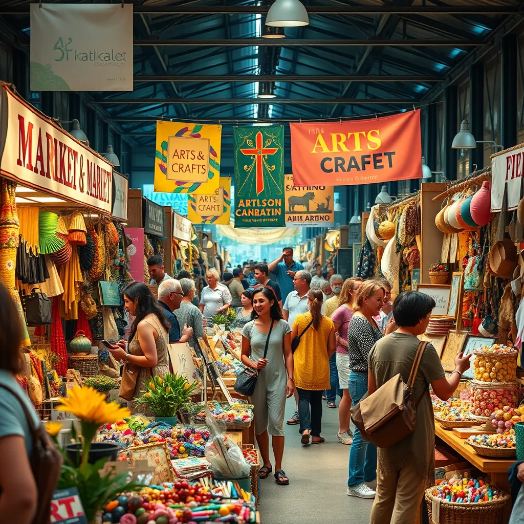 A vibrant arts and crafts market bustling with activity. Happy customers browse stalls overflowing with handmade goods while artists and vendors engage with them, showcasing their unique creations. The overall atmosphere is warm and inviting, with colorful banners and signage promoting the event. 