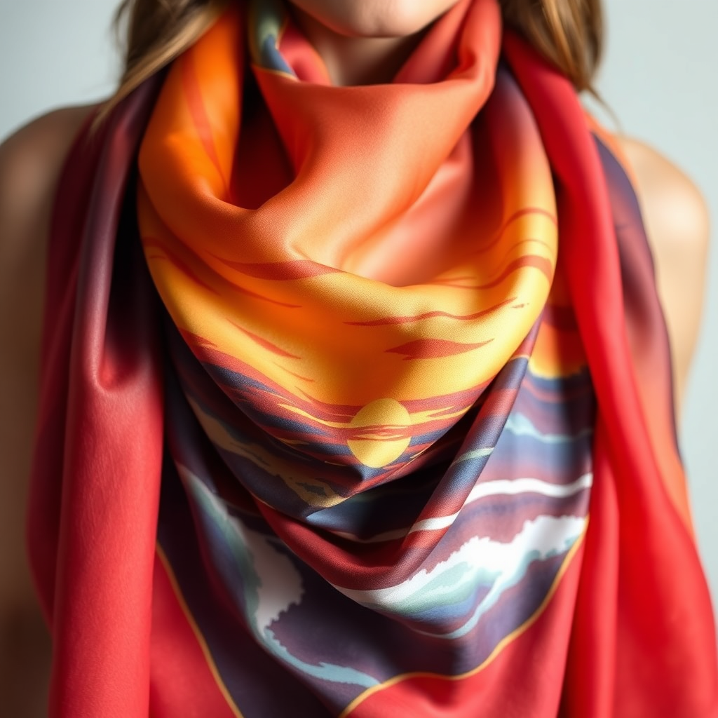 Hand-painted silk scarf with sunset ocean design