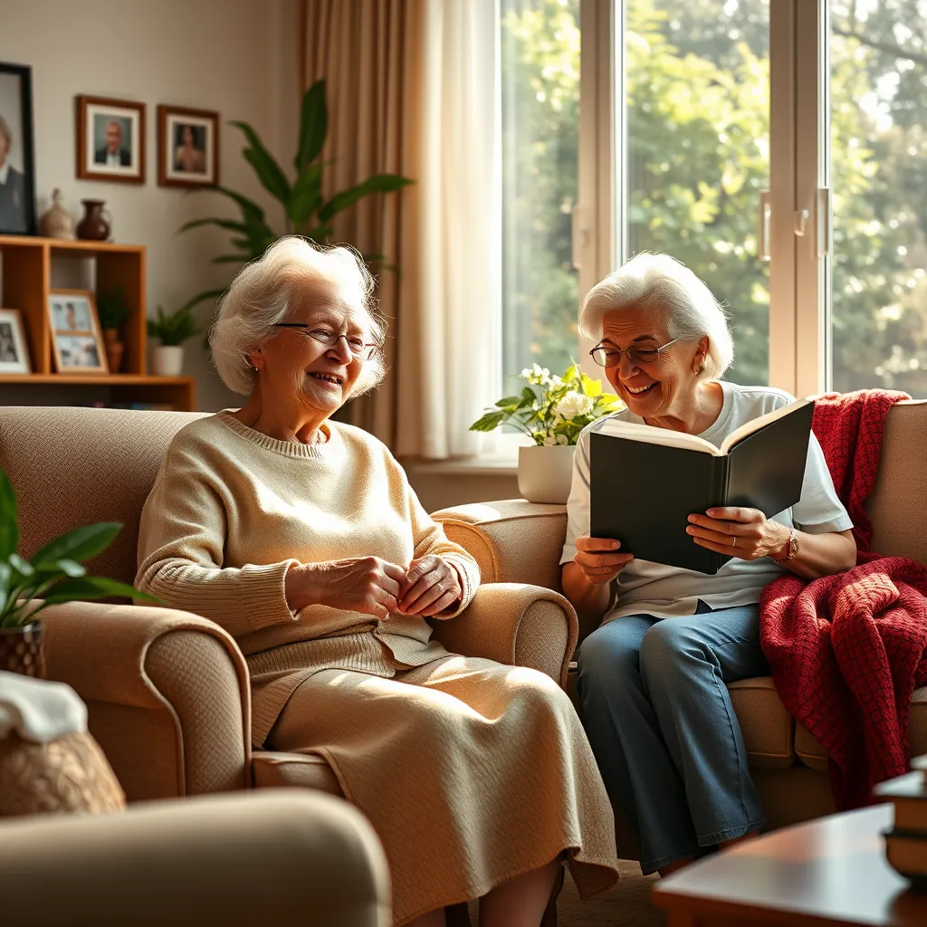 A warm and inviting living room, bathed in soft, natural light streaming through a large window. An elderly woman with a kind smile sits comfortably on a plush armchair, engaged in a lively conversation with a friendly caregiver, who is holding a book of poetry. The room is filled with personal touches, such as family photos, plants, and cozy blankets. The image should convey a sense of genuine connection and joyful companionship. Rendered in a photorealistic style, with intricate details of textures and lighting, capturing the warmth and intimacy of the moment. Aim for an 8K resolution, with vibrant colors and a balanced composition, focusing on the interaction between the caregiver and the senior.