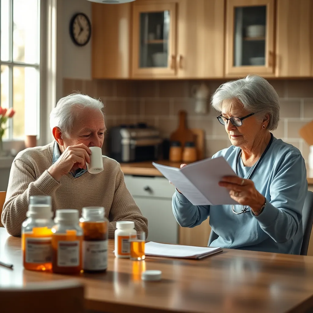 A well-lit kitchen with a warm, inviting ambiance. An elderly man sits at the kitchen table, sipping a cup of tea, while a caregiver sits opposite him, reviewing a medication chart. The image should convey a sense of trust and professionalism, with a focus on the caregiver's attentive and caring demeanor. The medication bottles and chart should be clearly visible, emphasizing the organized and efficient nature of the service. Capture the natural light streaming through the window, casting a warm glow on the scene. Rendered in a photorealistic style, with a high level of detail, showcasing the care and attention to detail provided by Happy Home Senior Care.
