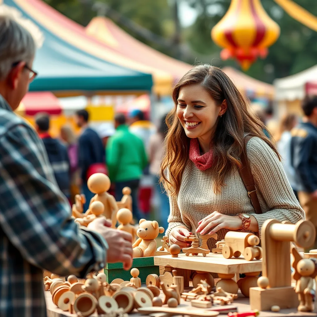 A woman browsing through a table of handmade wooden toys at an arts and crafts event, smiling as she interacts with the artist who is demonstrating how the toys are made, with a background of colorful tents and a vibrant crowd.