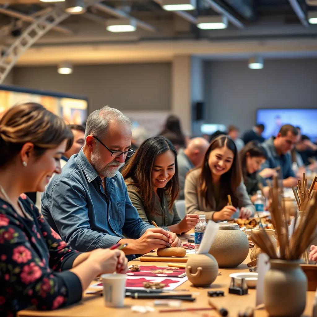 A workshop scene at an arts and crafts event, with attendees engaged in learning a new craft. Show the instructor demonstrating a technique, while students focus intently, with smiles on their faces as they create their own pieces.