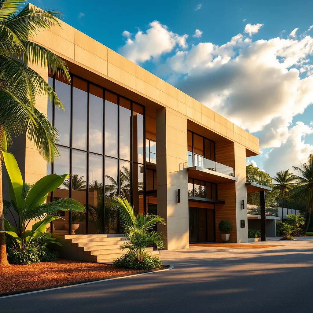 An expansive, airy commercial building with a contemporary design, situated on a lush tropical property in Dominical, Costa Rica. The building features large glass windows showcasing the beautiful natural surroundings. The exterior is a blend of sleek concrete and warm wood accents, creating a modern and welcoming aesthetic. Sunlight bathes the building in a warm, golden glow, highlighting the intricate details of the facade. The image should showcase the building's functionality and blend with the natural environment, capturing the essence of a thriving business in a tropical paradise. Render the image in ultra-realistic 8K resolution with hyper-detailed textures and lighting effects, emphasizing the interplay of light and shadow across the building's surfaces. The sky should be a vibrant blue with soft, white clouds, adding depth and dimensionality to the scene.