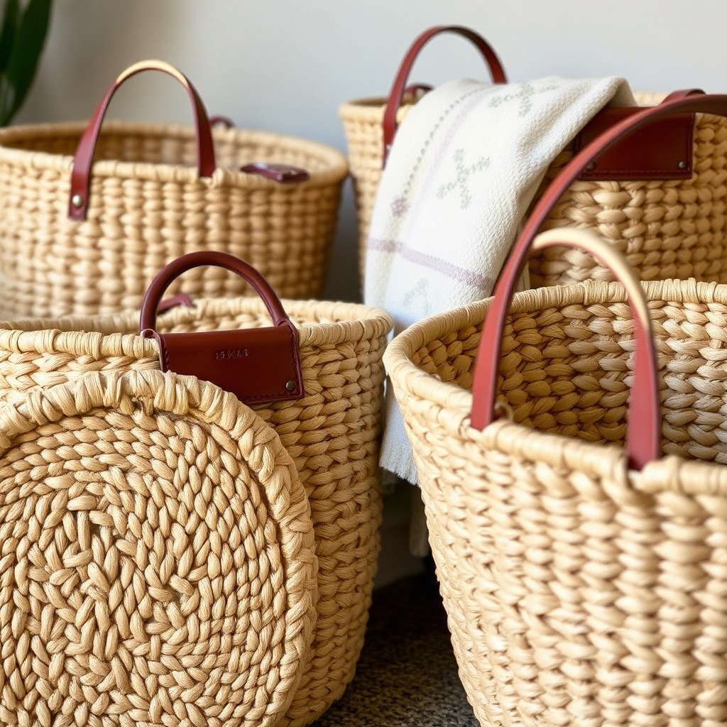 Woven seagrass baskets with leather handles