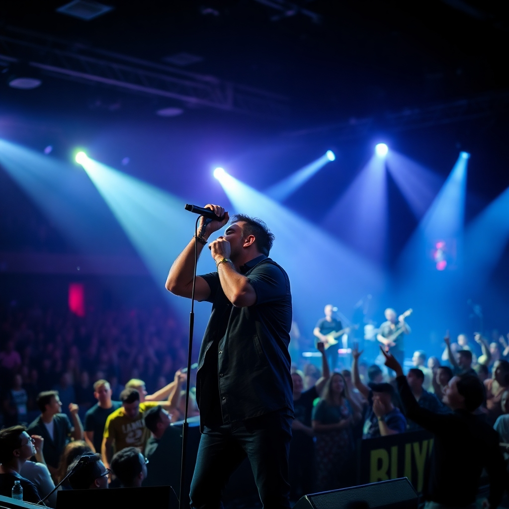Photorealistic image of Sergio Bedolla, lead singer of the Phantom Crows, on stage during a concert. He's center frame, illuminated by dynamic stage lighting, microphone in hand, passionately singing. The band, slightly blurred in the background, is energetic and engaged. The venue is packed, with a sea of enthusiastic faces visible in the crowd. The overall mood is electric and vibrant.