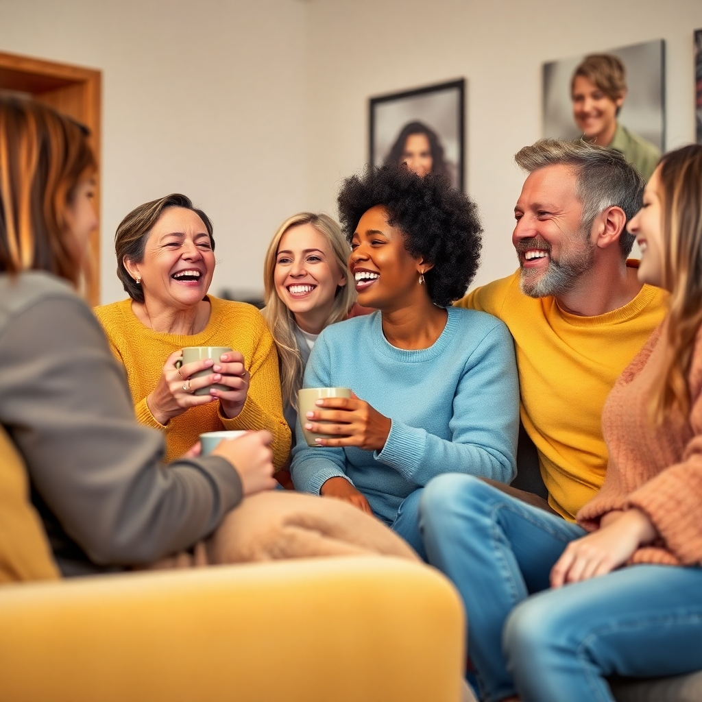 A photorealistic image depicting a group of friends laughing and supporting each other in a cozy living room setting. The warm and inviting atmosphere is enhanced by soft lighting and cozy furniture. The color palette includes warm yellows and gentle blues. The camera angle is at a slightly elevated height, providing a comprehensive view of the group dynamics. Textures include plush cushions and wood accents. Relevant props like coffee mugs and blankets establish a sense of togetherness.