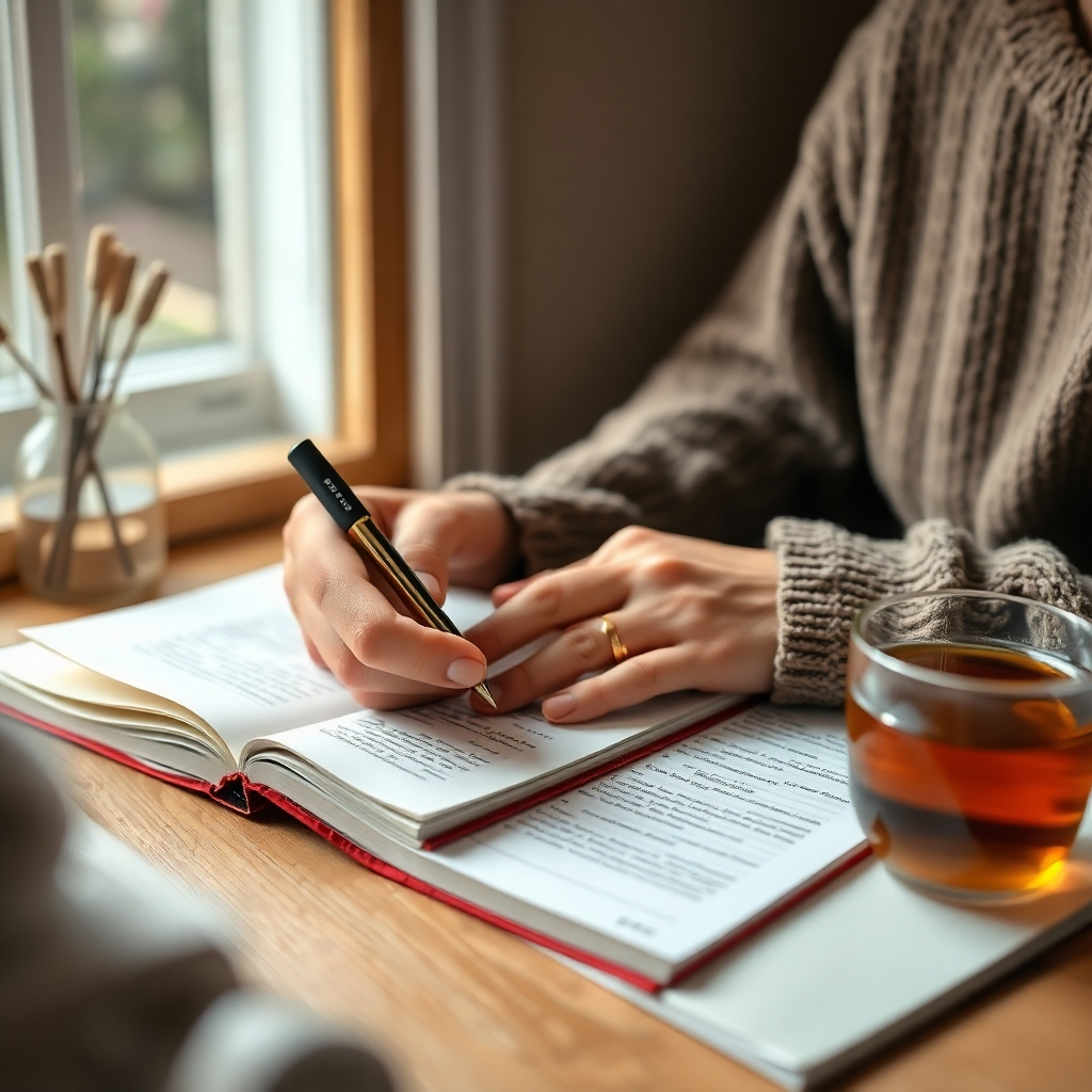 A photorealistic image featuring a close-up of a person writing in a journal, reflecting on their thoughts and triggers. The environment is a cozy nook with soft lighting that emphasizes intimacy. The color palette is neutral with pops of color from stationery. The camera angle focuses on the hands and the journal, capturing intricate details of the writing process. Textures include paper and the natural grain of the wooden desk, while props like a cup of herbal tea nearby promote a calming atmosphere.