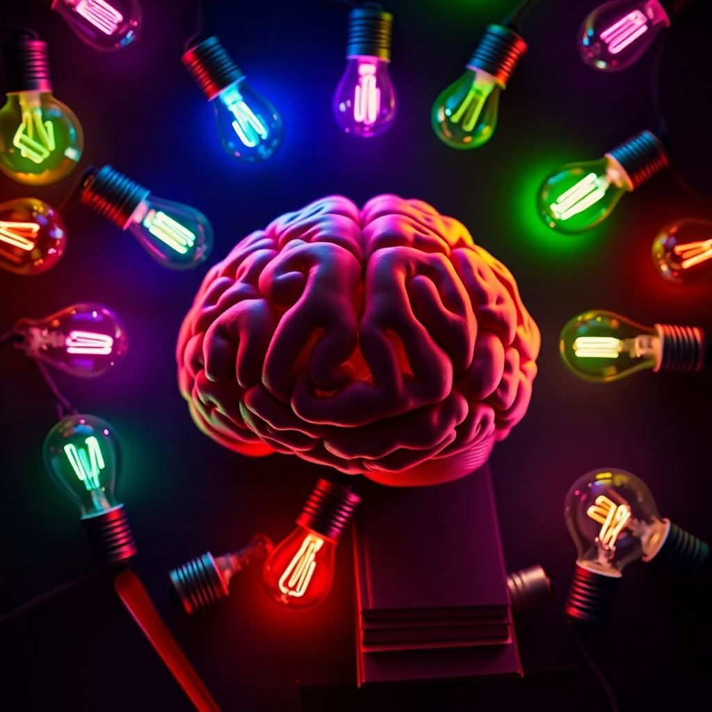 A photorealistic image of a brain surrounded by colorful light bulbs, representing ideas and mental health awareness. The composition has a dark background that allows the vibrant colors to pop, symbolizing clarity and insight. The camera angle is from above, capturing the intricate details of the light bulbs. Textures include smooth surfaces and the glowing light emanating from the bulbs. Props may include books or tools that symbolize knowledge and understanding.