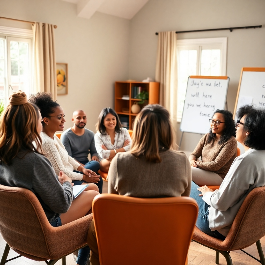 A photorealistic image of a diverse group engaged in a group therapy session, seated in a circle in a cozy room filled with natural light. The composition emphasizes active listening and connection among participants. The color palette includes warm tones to foster safety and openness. The camera angle captures the expressions of the group, reflecting empathy and understanding. Textures involve soft fabrics of chairs and gentle lighting. Relevant props might include notepads or supportive messages on a whiteboard.