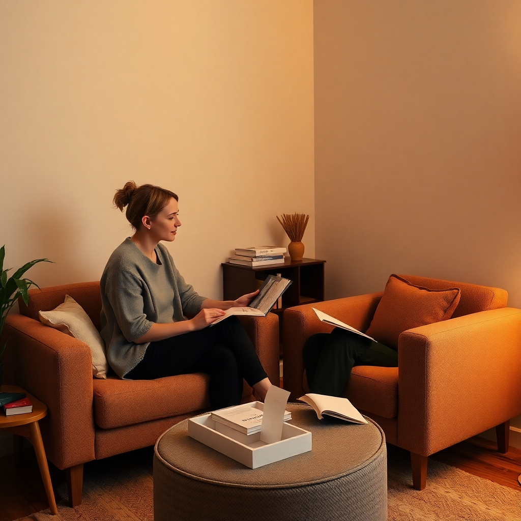A photorealistic image of a one-on-one counselling session in a quiet, serene environment, showcasing the therapist and client in a deep conversation. Soft lighting creates a sense of intimacy and safety, while a warm color palette enhances the calm atmosphere. The camera angle captures both individuals, emphasizing their connection. Textures include plush seating and quiet decorations. Relevant props could include a tissue box, books, and comfortable furnishings.