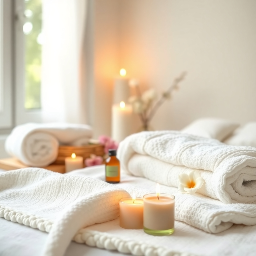 A photorealistic image of a serene home spa setup with calming candles and soft towels, symbolizing self-care. The composition is bright and peaceful, with natural light coming from a nearby window. The color palette combines calming whites and soft pastel hues. The camera angle captures the abundance of textures: the smoothness of the towels against the warm glow of candlelight. Props such as aromatherapy oils and fresh flowers enhance the tranquil ambiance.