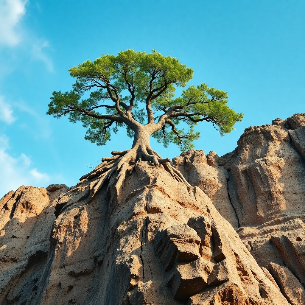 A photorealistic image of a strong tree growing on a rocky cliff, symbolizing resilience and strength in recovery. The composition captures the majestic landscape with a focus on the tree’s deep roots overcoming adversity. The color palette combines earthy tones and bright sky blues. The camera angle is from below, emphasizing the tree against the sky. Textures depict rough rocks and sturdy bark. Relevant props could include symbols of success and stability placed around the base of the tree.