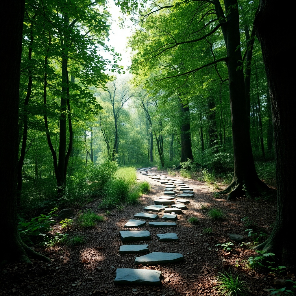 A photorealistic image of a winding path in a beautiful forest, symbolizing the journey of recovery. Natural light filters through the leaves, creating a dappled effect on the path. The color palette includes deep greens and earthy browns, representing growth. The camera angle is from a low viewpoint, inviting the viewer to step onto the path. Textures feature rough tree bark and soft foliage. Relevant props may include milestones indicated by stones along the pathway to symbolize progress and hope.