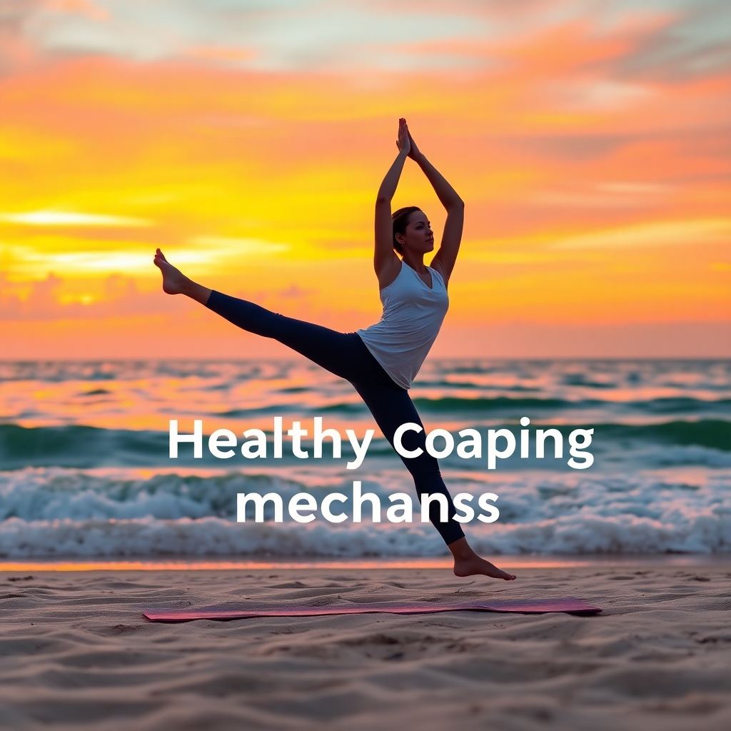 A photorealistic image of an individual practicing yoga on a tranquil beach during sunset, symbolizing healthy coping mechanisms. The composition captures the person's graceful pose against colorful skies and the calming ocean waves. The color palette features warm oranges, pinks, and soothing blues. The camera angle is from a low position, making the beach and the yoga practice the focal point. Textures include the soft sand and the gentle movement of water. Relevant props could include a yoga mat to signify readiness for practice.