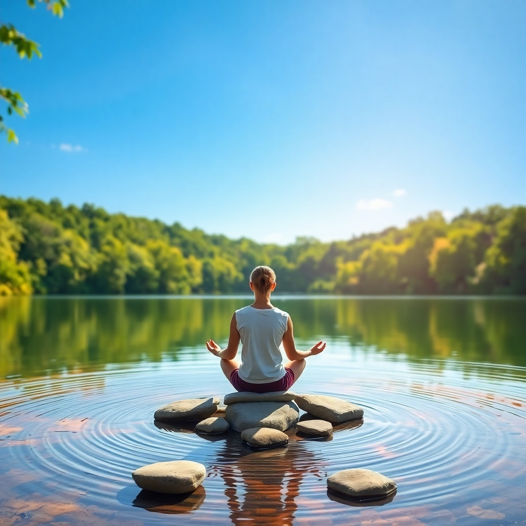 A photorealistic image showcasing a peaceful outdoor setting that embodies the essence of wellbeing and recovery. The composition features a person meditating by a calm lake, surrounded by lush greenery under a bright blue sky. The lighting is soft and warm, indicating hope and tranquility. The color palette consists of vibrant greens and blues that enhance the feeling of serenity. The camera angle captures the gentle ripples on the water, reflecting the individual in a moment of peace. Textures should include the smoothness of water and the soft foliage around. Relevant props include stones arranged around the meditation spot that symbolize grounding. The image should be in 4K resolution, high quality.