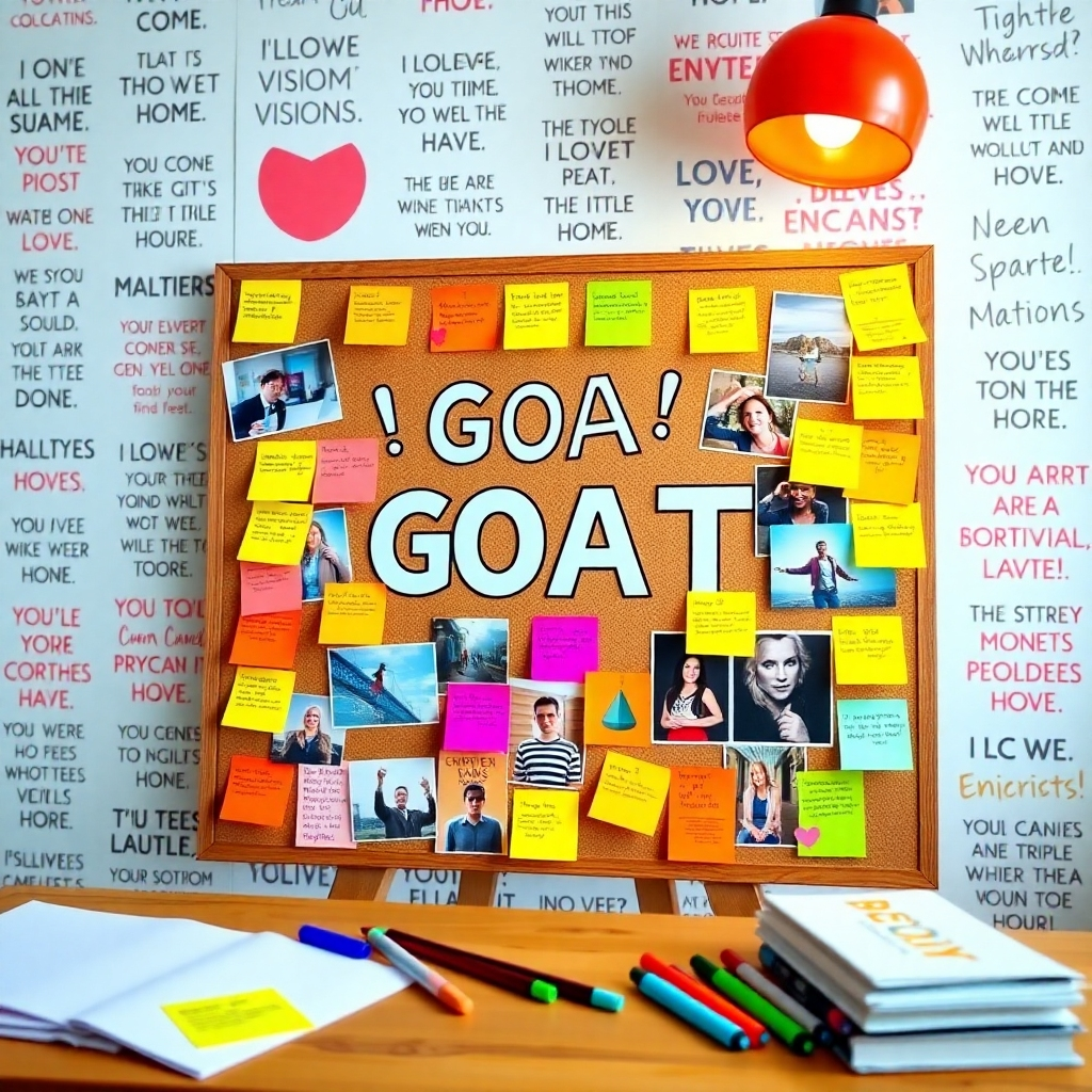 A photorealistic image showing a vision board filled with colorful post-it notes and images, symbolizing goal-setting. The set-up is in a bright room filled with inspirational quotes. The color palette combines vibrant colors to energize and motivate. The camera angle ensures clarity of the board and the diverse textures of the materials used. Props like colorful markers and pens are included to convey a sense of creativity and planning.