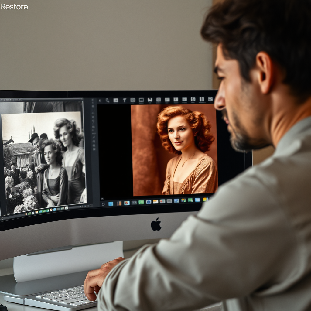 Bring together a photorealistic image showcasing an artist digitally restoring an iconic historical photograph. The artist’s focused expression should connect with the image being transformed on the computer screen. Utilize soft contrasts to establish an artistic atmosphere, using muted tones alongside pops of color from the original photo on display, embodying a merger of old and new. This intimate moment should encapsulate the essence of photo restoration as an art form, rendered at high quality.