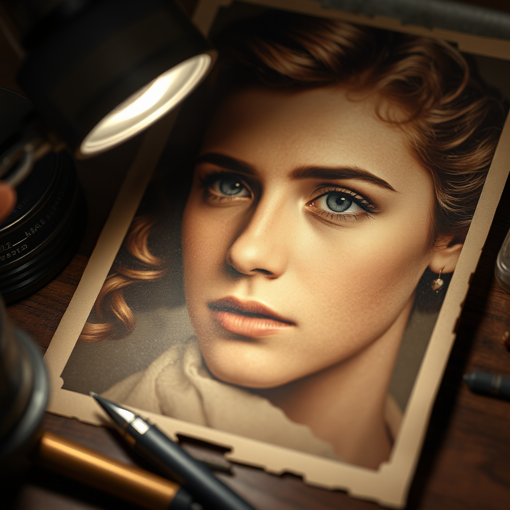Create a close-up, photorealistic visual of a digitally restored photo showcasing intricate details previously lost to time. The image should be set on a desk with restoration tools, light illuminating the finely restored elements. The color palette should blend sepia with vivid colors drawing attention to facial features in the photograph. Capture this intimate process illustrating precision and care, rendered in exquisite quality to highlight artistry and craftsmanship.