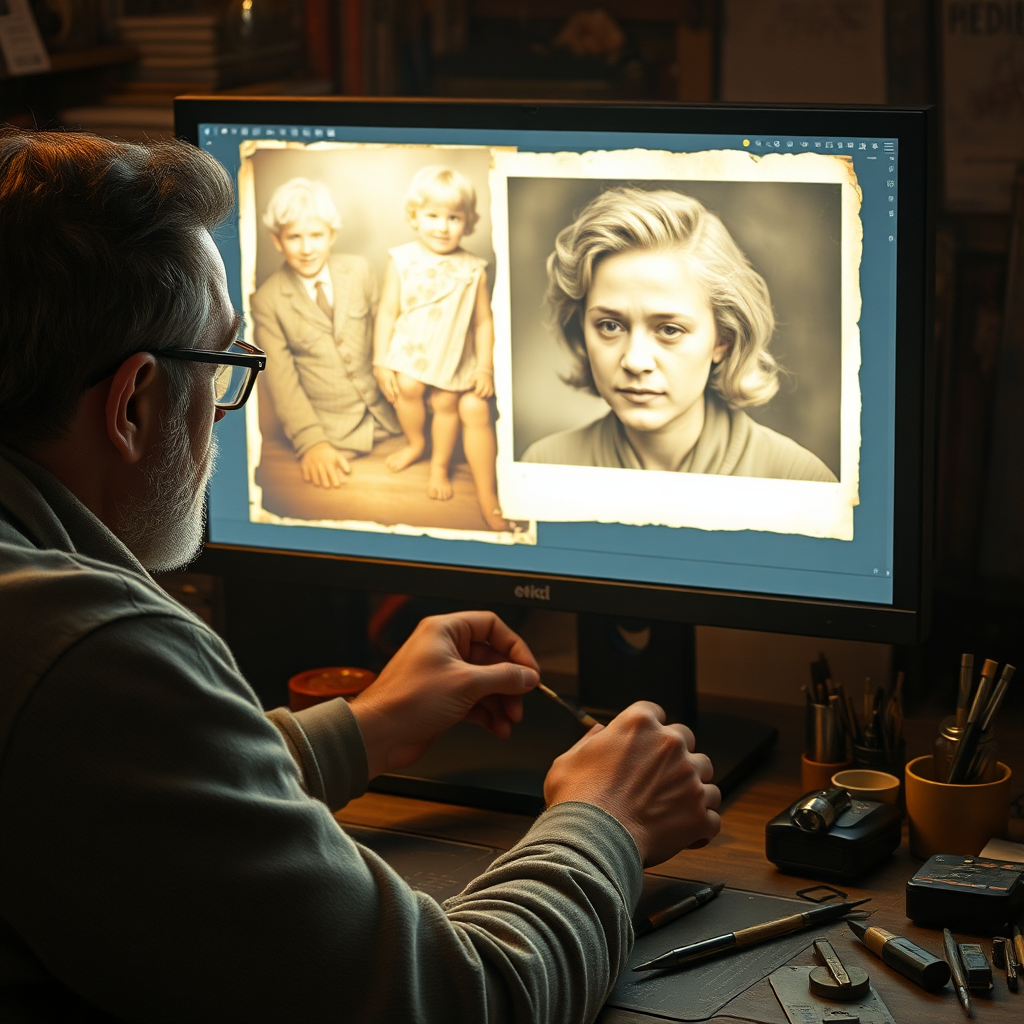 Create a photorealistic image depicting an artist skillfully restoring a faded photograph at their workstation. Capture intricate details of the photo on the screen, glowing with renewed colors. The workspace should be cluttered with restoration tools, subtly showing the craftsmanship involved. Utilize warm lighting and rich textures to create an inviting atmosphere that embodies the essence of photo restoration.