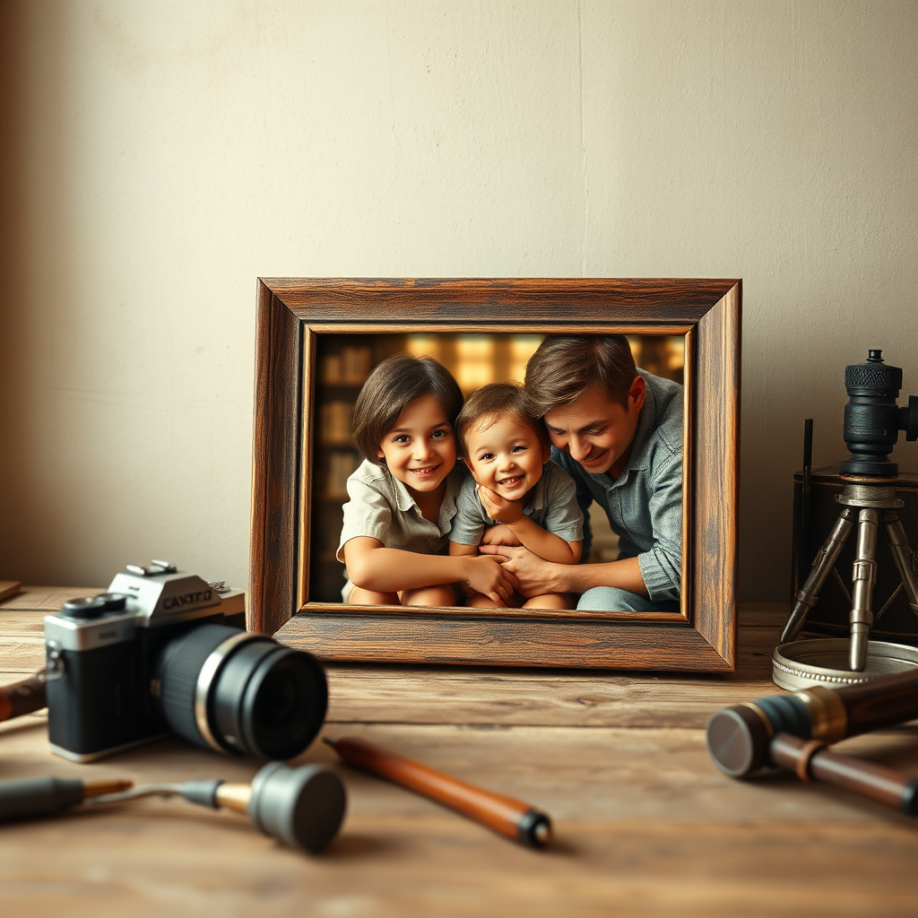 Create a photorealistic, ultra-high quality header image that embodies the spirit of TurnerDesigns. The image should feature a beautifully restored vintage photograph juxtaposed with a frame containing a vibrant animated transformation of the same photo, depicting a nostalgic family moment. The lighting should be soft and warm, enhancing the emotional tone, with a color palette consisting of sepia tones blending into bright, lively colors for the animated part. The camera angle should be slightly elevated to capture depth, with rich textures highlighting the details of the photograph and the frame. Include props like an old-fashioned camera and restoration tools subtly arranged in the background. The style reference should evoke both nostalgia and innovation, and the image should be rendered in 8K resolution, hyperrealistic to truly symbolize photo restoration and photos brought to life.