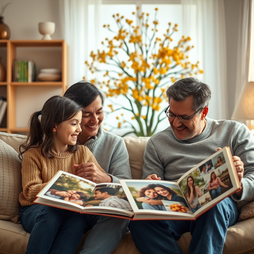 Envision a warm, inviting photorealistic scene showcasing a family looking at restored photo albums filled with vibrant, colorful images. Capture soft, natural lighting and cozy textures to enhance the homey atmosphere. Include elements like a family tree in the background, reinforcing the theme of memory preservation. This scene should embody the joy and connection stemming from enhanced memories, created to tell a story and rendered in high quality.