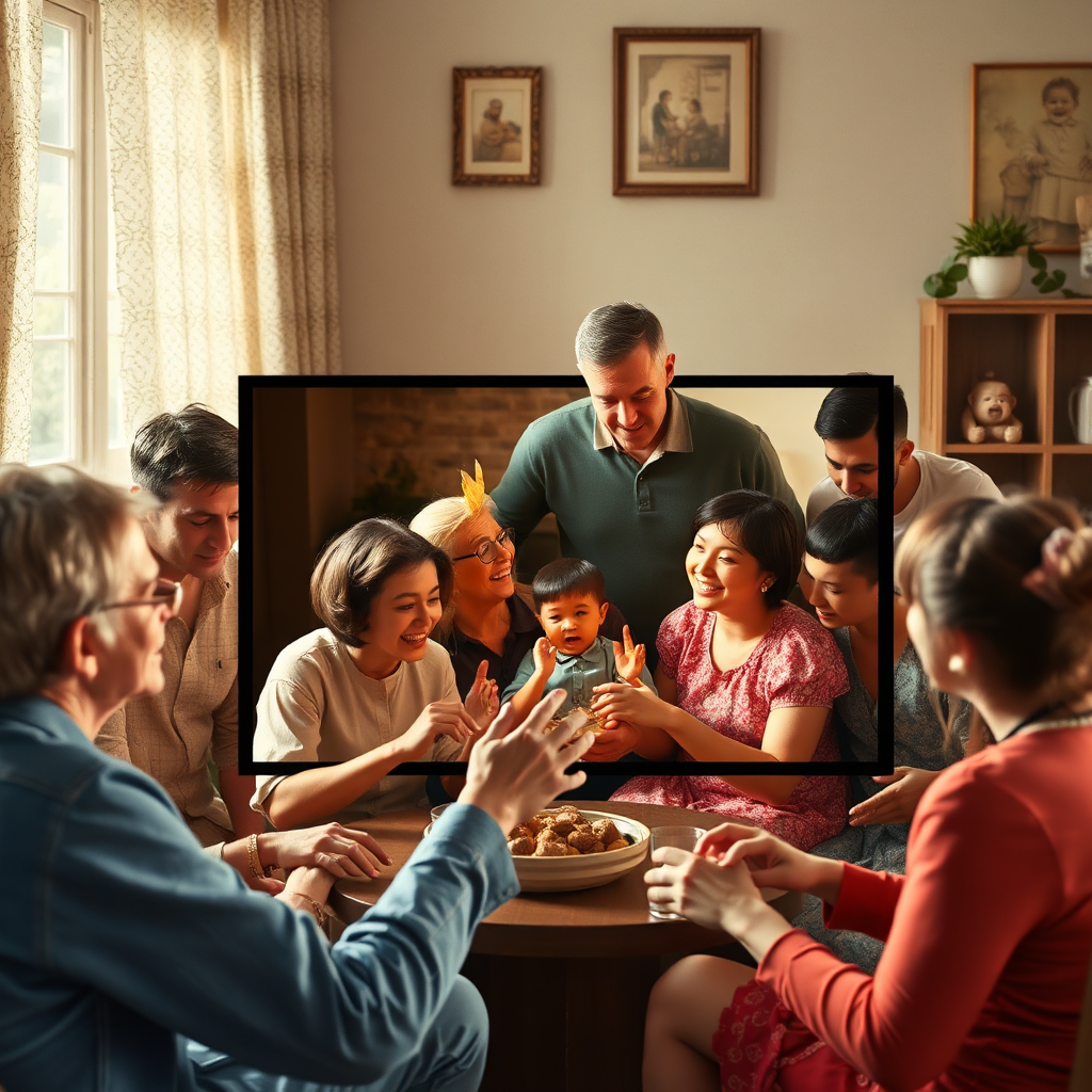 Illustrate a lively, photorealistic image of a restored old family gathering photo now animated with life through a video display. The visual should juxtapose the still photo with an animated segment depicting dynamic interactions within the group as if they are alive. Utilize vibrant lighting for the animated display, contrasting with softer tones for the original. Highlight the intricate details that speak of love and nostalgia, rendered in high-quality detail to emphasize the transformation.