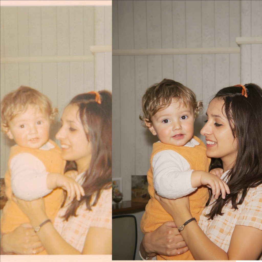 Construct a vibrant, photorealistic image showing a side-by-side comparison of a faded photo being restored. On one side, the old, worn-out photo shows signs of damage, while the other side reveals the revitalized version bursting with color. Set against a backdrop of an artist’s studio filled with tools, let warm, natural light cascade through the room, capturing the contrast in detail and texture. Render this image in exquisite quality to emphasize the stunning transformation of the memories.